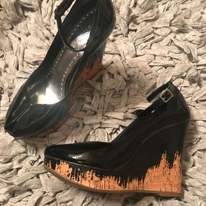 BCBGirls - Black Patent Open Toe Wedge - 7.5